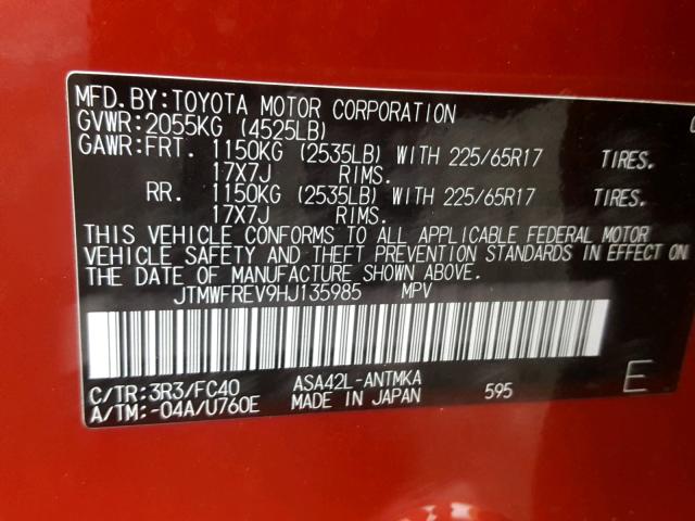 JTMWFREV9HJ135985 - 2017 TOYOTA RAV4 XLE RED photo 10