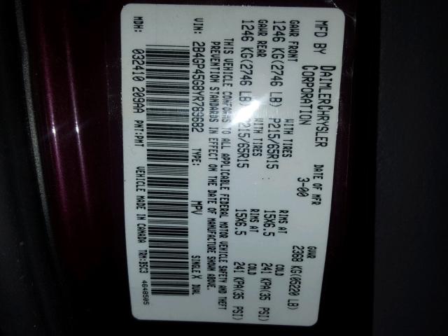 2B4GP45G8YR789682 - 2000 DODGE CARAVAN SE BURGUNDY photo 10