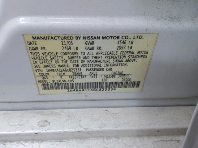 1N4BA41E46C825334 - 2006 NISSAN MAXIMA SE WHITE photo 10