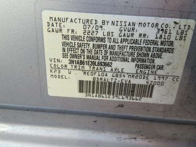 3N1AB61E39L693662 - 2009 NISSAN SENTRA 2.0 SILVER photo 10