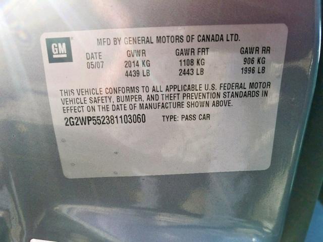 2G2WP552381103060 - 2008 PONTIAC GRAND PRIX GRAY photo 10