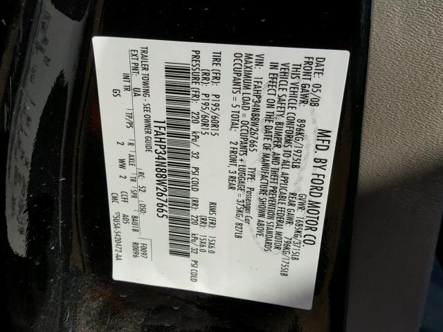 1FAHP34N88W267665 - 2008 FORD FOCUS S/SE BLACK photo 10