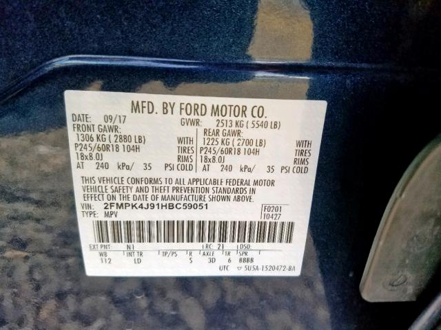 2FMPK4J91HBC59051 - 2017 FORD EDGE SEL BLUE photo 10