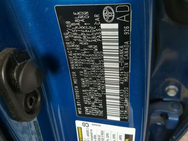 2T1KE40E59C025105 - 2009 TOYOTA COROLLA MA BLUE photo 10