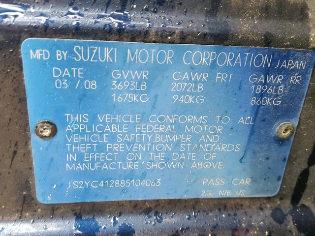 JS2YC412885104063 - 2008 SUZUKI SX4 BLUE photo 10