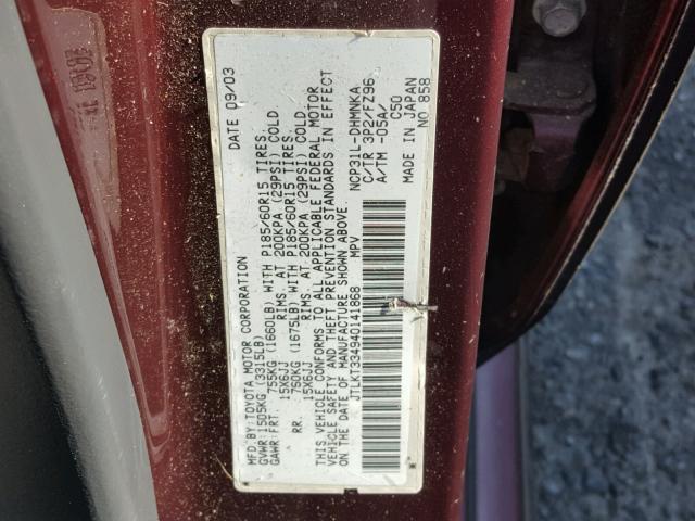 JTLKT334940141868 - 2004 TOYOTA SCION XB Bordo foto 10