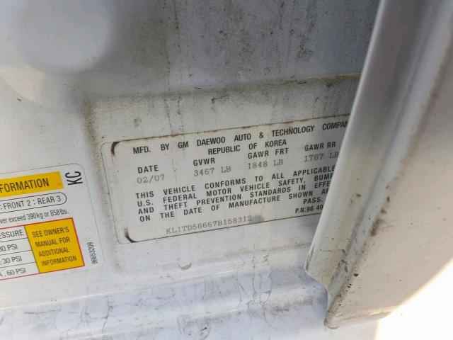 KL1TD56667B158312 - 2007 CHEVROLET AVEO BASE Ақ фото 10