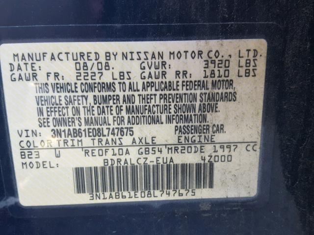 3N1AB61E08L747675 - 2008 NISSAN SENTRA 2.0 BLUE photo 10