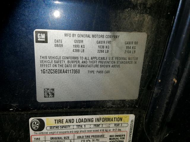 1G1ZC5E0XA4117060 - 2010 CHEVROLET MALIBU 1LT BLUE photo 10