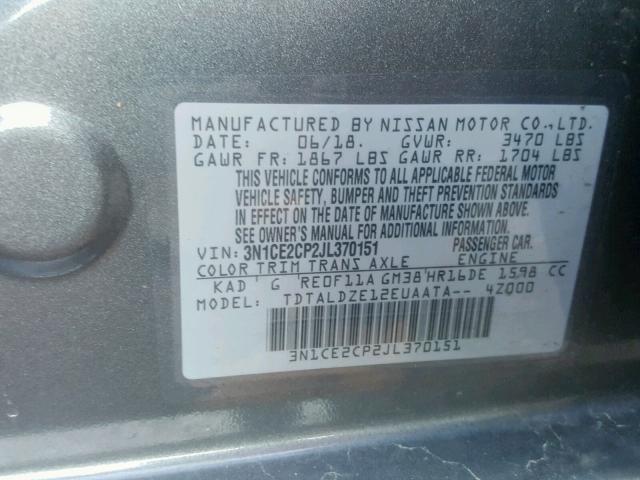 3N1CE2CP2JL370151 - 2018 NISSAN VERSA NOTE GRAY photo 10