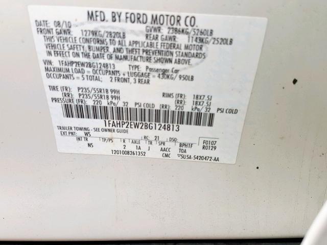 1FAHP2EW2BG124813 - 2011 FORD TAURUS SEL WHITE photo 10