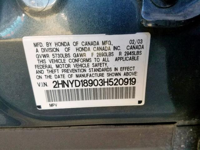 2HNYD18903H520919 - 2003 ACURA MDX TOURIN GRAY photo 10