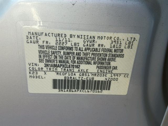 3N1AB6APXCL670162 - 2012 NISSAN SENTRA 2.0 SILVER photo 10