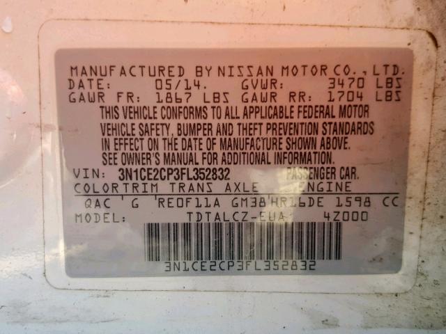 3N1CE2CP3FL352832 - 2015 NISSAN VERSA NOTE WHITE photo 10