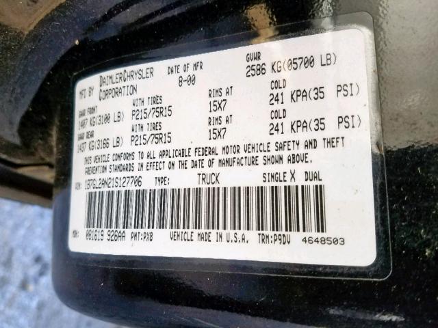 1B7GL2AN21S127706 - 2001 DODGE DAKOTA QUA BLACK photo 10