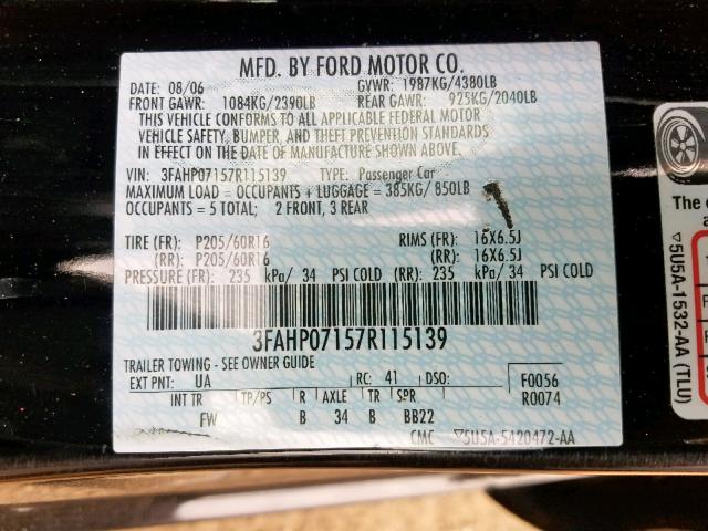 3FAHP07157R115139 - 2007 FORD FUSION SE BLACK photo 10