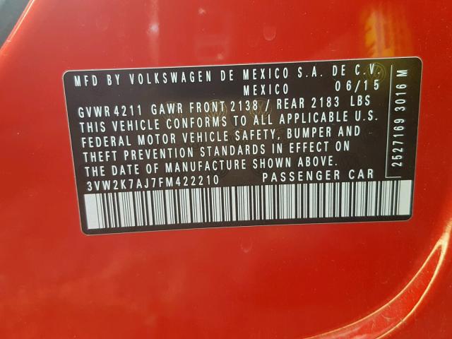 3VW2K7AJ7FM422210 - 2015 VOLKSWAGEN JETTA BASE RED photo 10