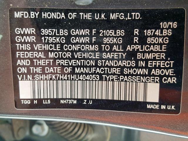 SHHFK7H41HU404053 - 2017 HONDA CIVIC SPOR GRAY photo 10