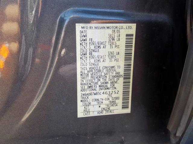 1N6AD07W85C463252 - 2005 NISSAN FRONTIER C GREEN photo 10