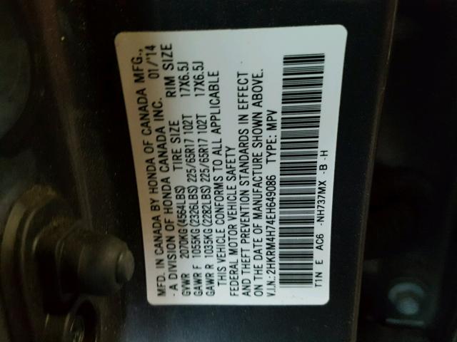 2HKRM4H74EH649086 - 2014 HONDA CR-V EXL GRAY photo 10