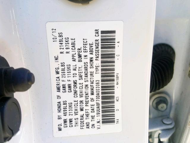 19UUA8F70DA003063 - 2013 ACURA TL ADVANCE WHITE photo 10