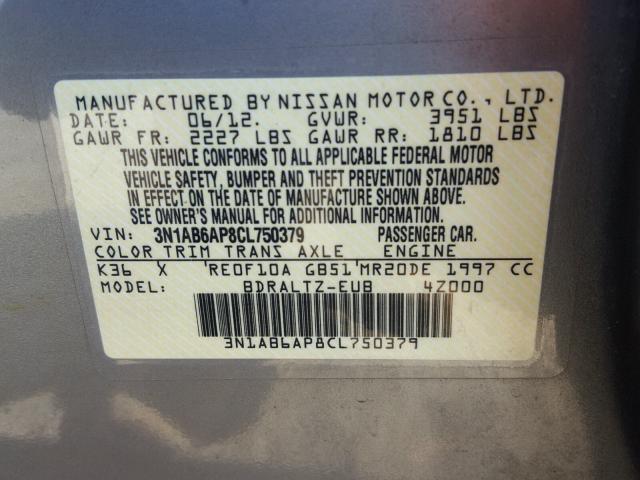 3N1AB6AP8CL750379 - 2012 NISSAN SENTRA 2.0 GRAY photo 10