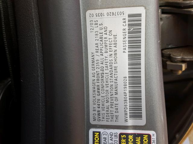 WVWPD63B04P198028 - 2004 VOLKSWAGEN PASSAT GLS GRAY photo 10