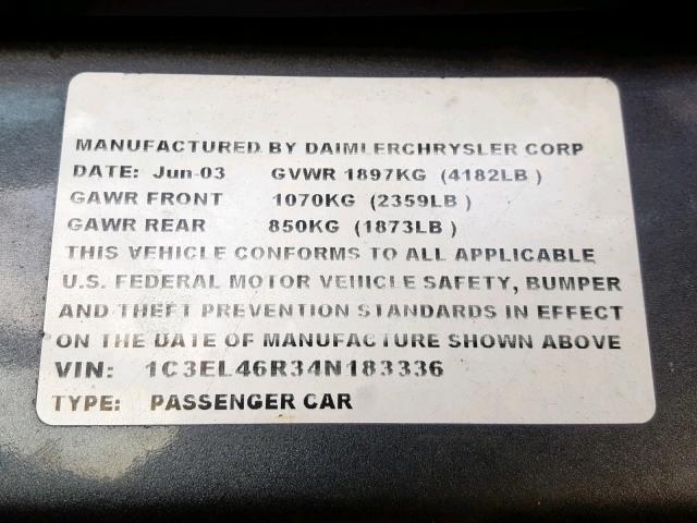 1C3EL46R34N183336 - 2004 CHRYSLER SEBRING LX GRAY photo 10