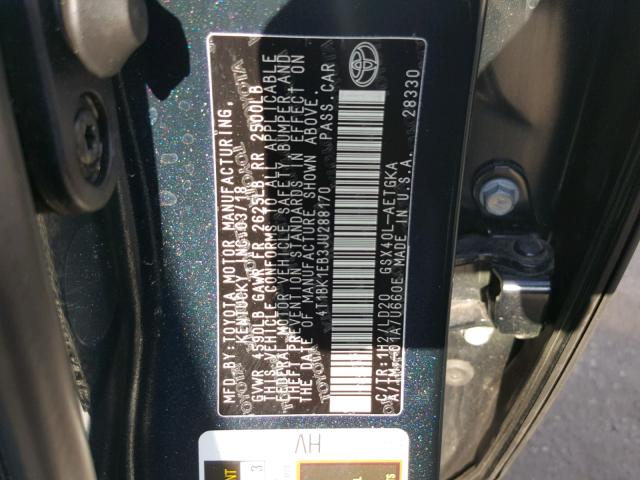 4T1BK1EB3JU288170 - 2018 TOYOTA AVALON XLE BLACK photo 10