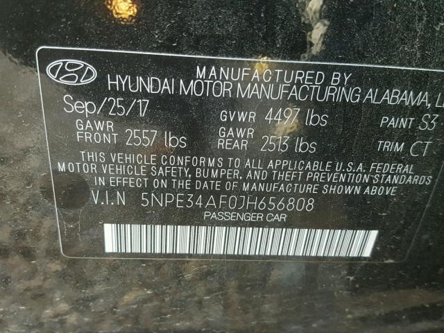 5NPE34AF0JH656808 - 2018 HYUNDAI SONATA SPO BLACK photo 10