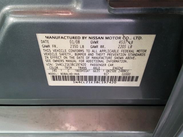 1N4CL21E38C197420 - 2008 NISSAN ALTIMA HYB GREEN photo 10