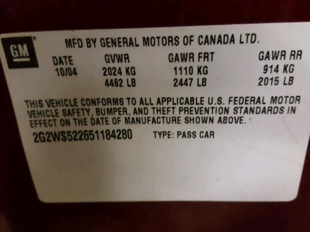 2G2WS522651184280 - 2005 PONTIAC GRAND PRIX წითელი ფოტო 10