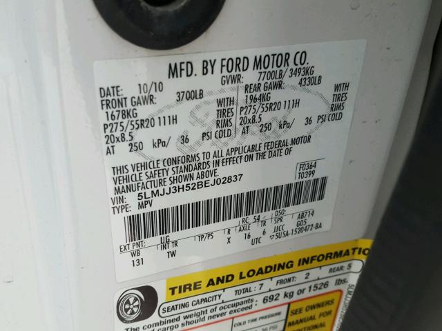 5LMJJ3H52BEJ02837 - 2011 LINCOLN NAVIGATOR Ақ фото 10