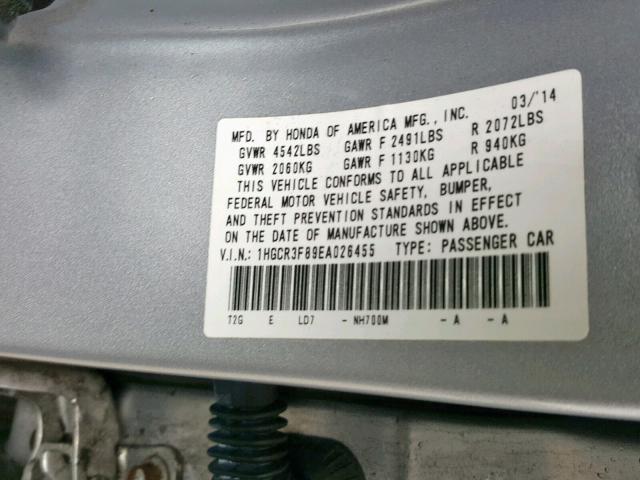 1HGCR3F89EA026455 - 2014 HONDA ACCORD EXL SILVER photo 10