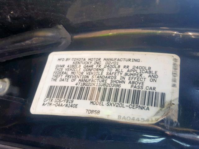 4T1BG22K11U820396 - 2001 TOYOTA CAMRY CE GREEN photo 10