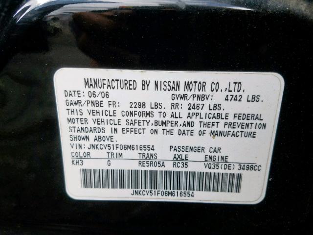 JNKCV51F06M616554 - 2006 INFINITI G35 BLACK photo 10