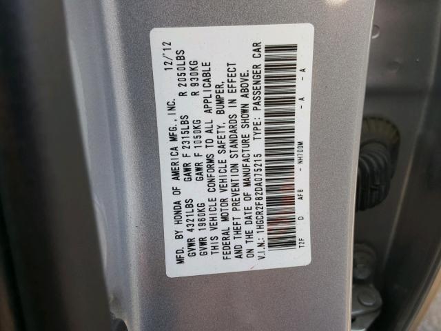 1HGCR2F82DA075215 - 2013 HONDA ACCORD EXL SILVER photo 10