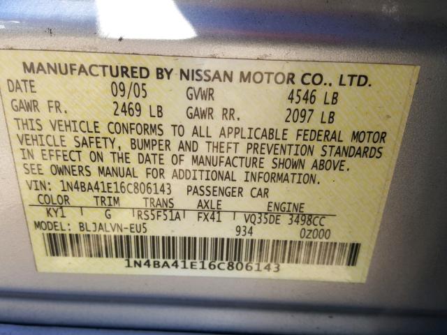 1N4BA41E16C806143 - 2006 NISSAN MAXIMA SE SILVER photo 10