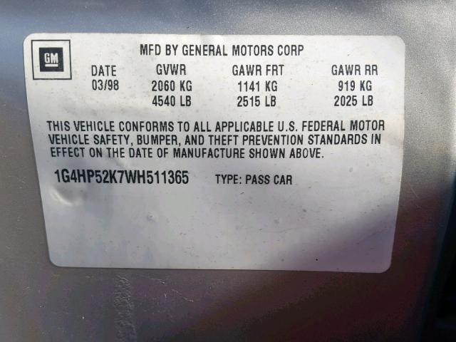 1G4HP52K7WH511365 - 1998 BUICK LESABRE CU GRAY photo 10