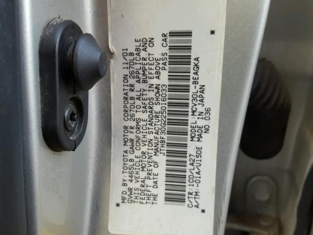 JTHBF30G225016033 - 2002 LEXUS ES 300 SILVER photo 10