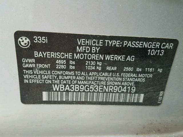 WBA3B9G53ENR90419 - 2014 BMW 335 XI SILVER photo 10