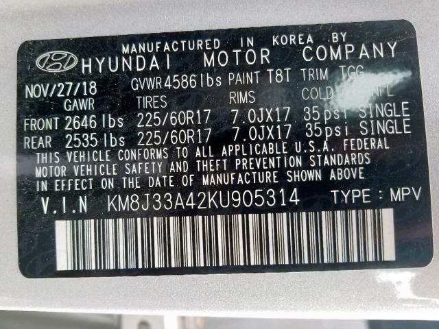 KM8J33A42KU905314 - 2019 HYUNDAI TUCSON LIM SILVER photo 10