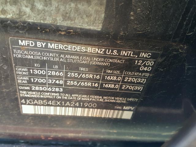 4JGAB54EX1A241900 - 2001 MERCEDES-BENZ ML 320 BLACK photo 10