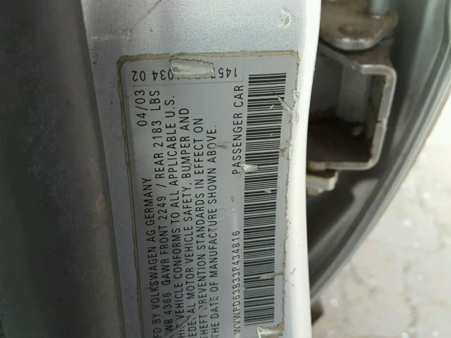 WVWPD63B33P434816 - 2003 VOLKSWAGEN PASSAT GLS SILVER photo 10