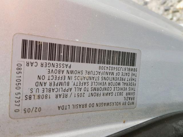 9BWBL61J354024308 - 2005 VOLKSWAGEN GOLF GL SILVER photo 10