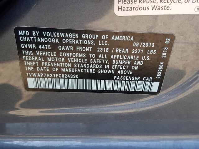 1VWAP7A31EC024330 - 2014 VOLKSWAGEN PASSAT S GRAY photo 10