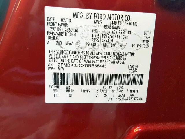 2FMDK3JCXDBB86443 - 2013 FORD EDGE SEL MAROON photo 10