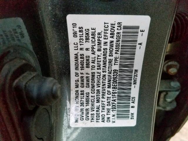 19XFA1F61BE009339 - 2011 HONDA CIVIC LX-S Boz foto 10