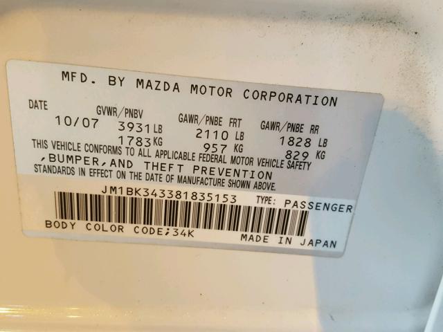 JM1BK343381835153 - 2008 MAZDA 3 HATCHBAC WHITE photo 10