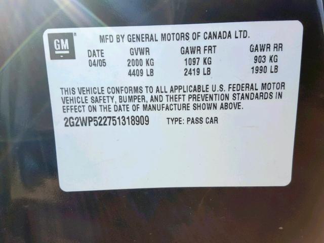 2G2WP522751318909 - 2005 PONTIAC GRAND PRIX BLACK photo 10